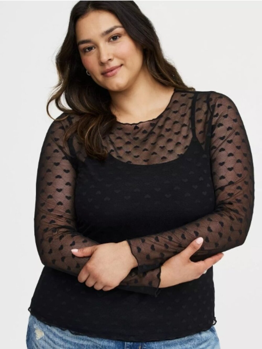 Sheer Mesh Swiss Dot & Heart Crew Top- Torrid